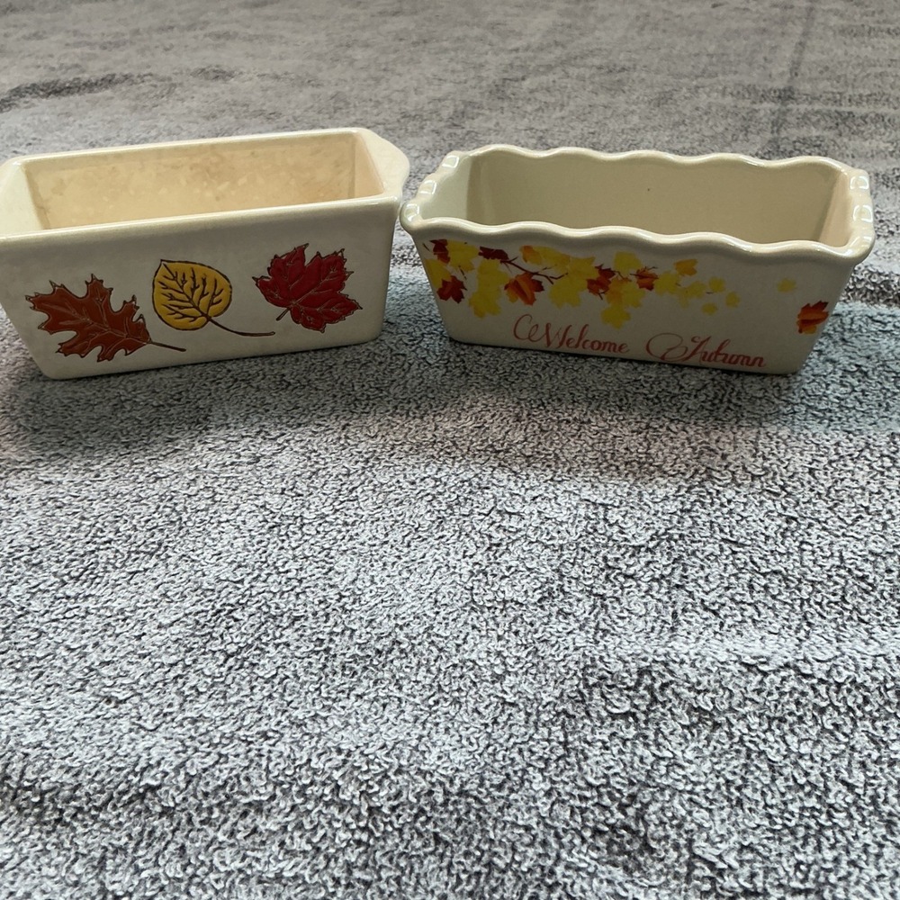 Nantucket Distributing Mini Loaf Pans Set 2 Autumn Leaves Ceramic Bakeware Cream